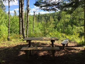 picnic table along trail with an overlook